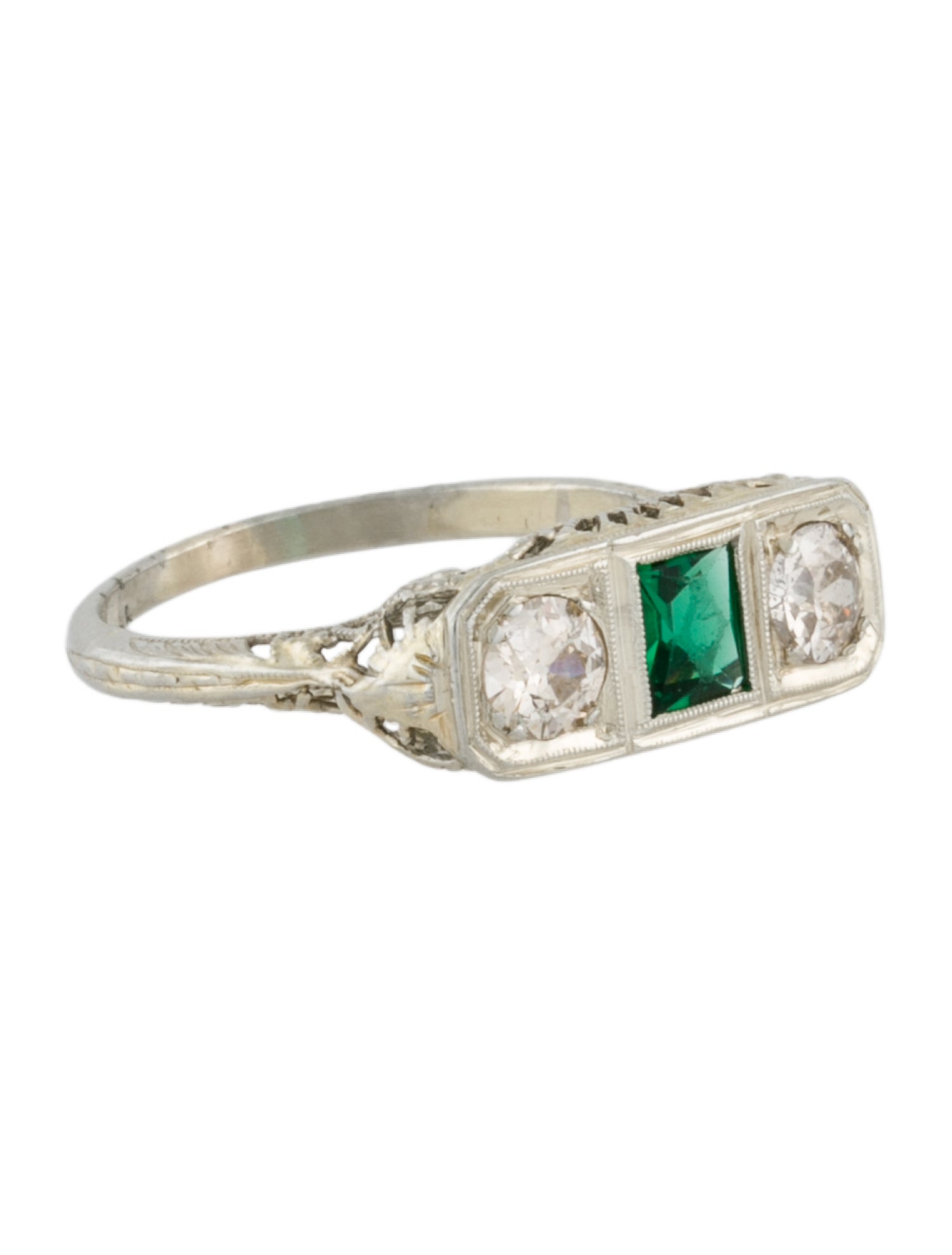 Ring Art Deco 18K Green Glass & European Diamond Filigree Ring