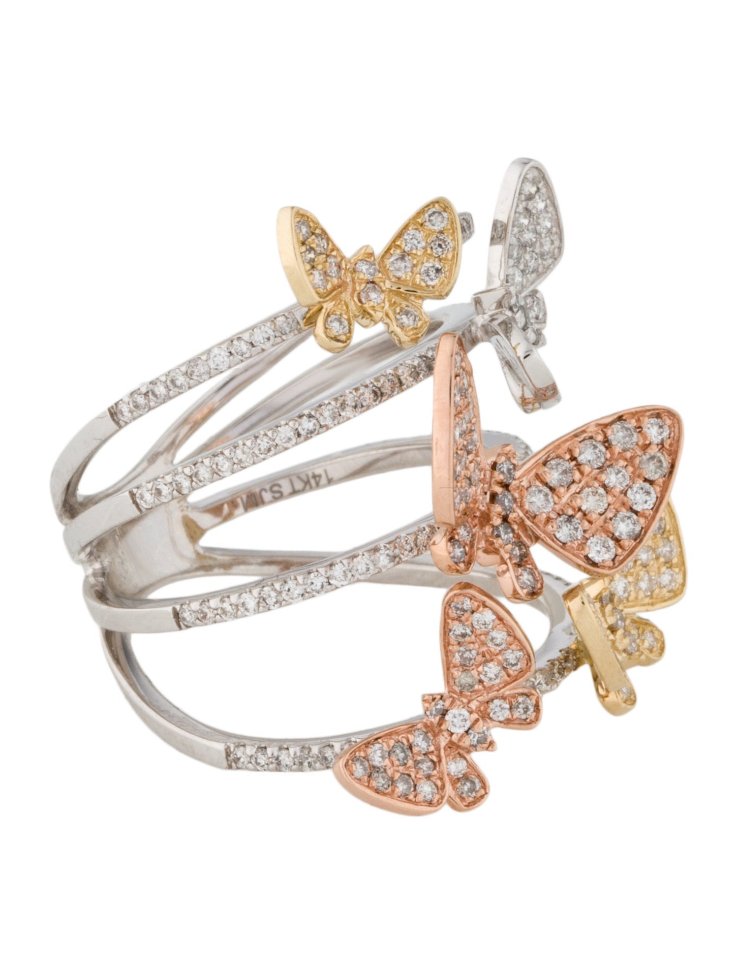 Ring 14K Tri-Color Diamond Butterfly Strand Cocktail Ring