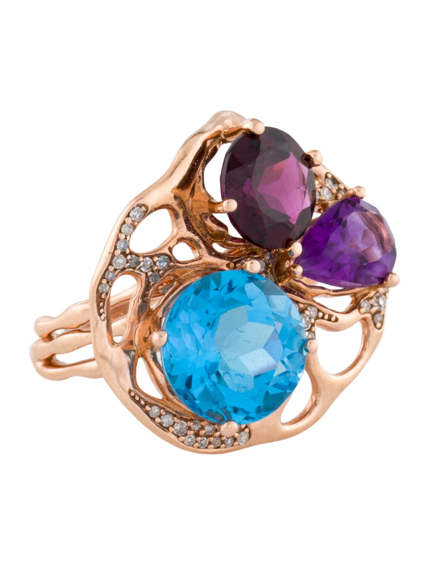 Ring 14K Topaz, Rhodolite, Amethyst & Diamond Cocktail Ring
