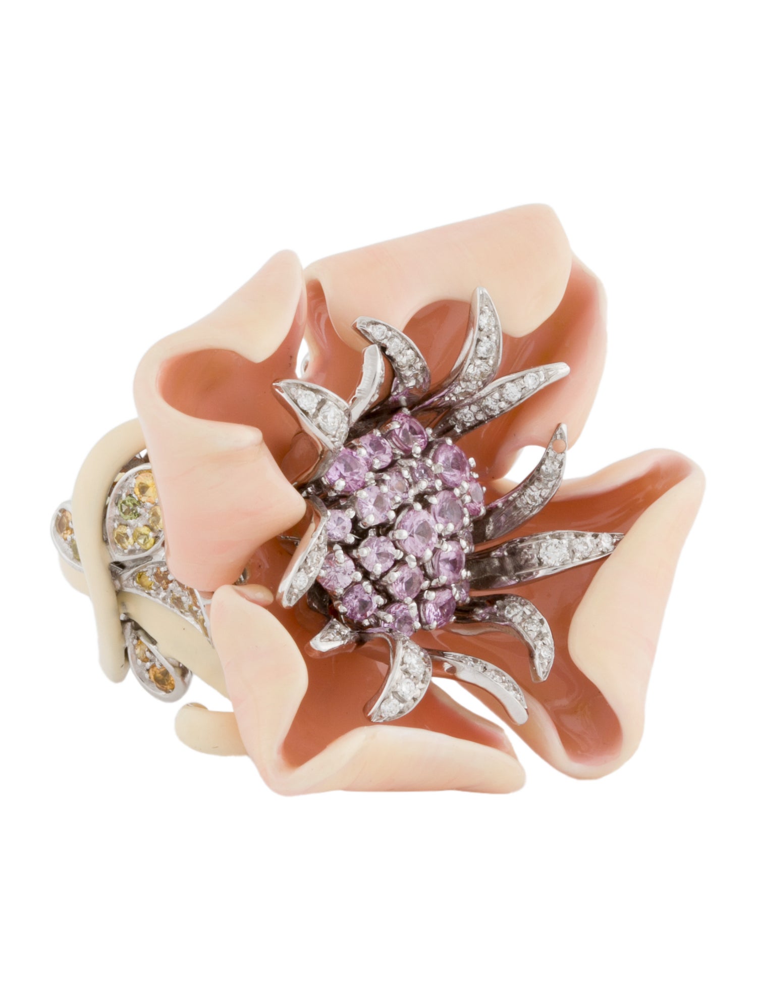 Ring 18K Multi-Color Sapphire & Diamond Enamel Flower Cocktail