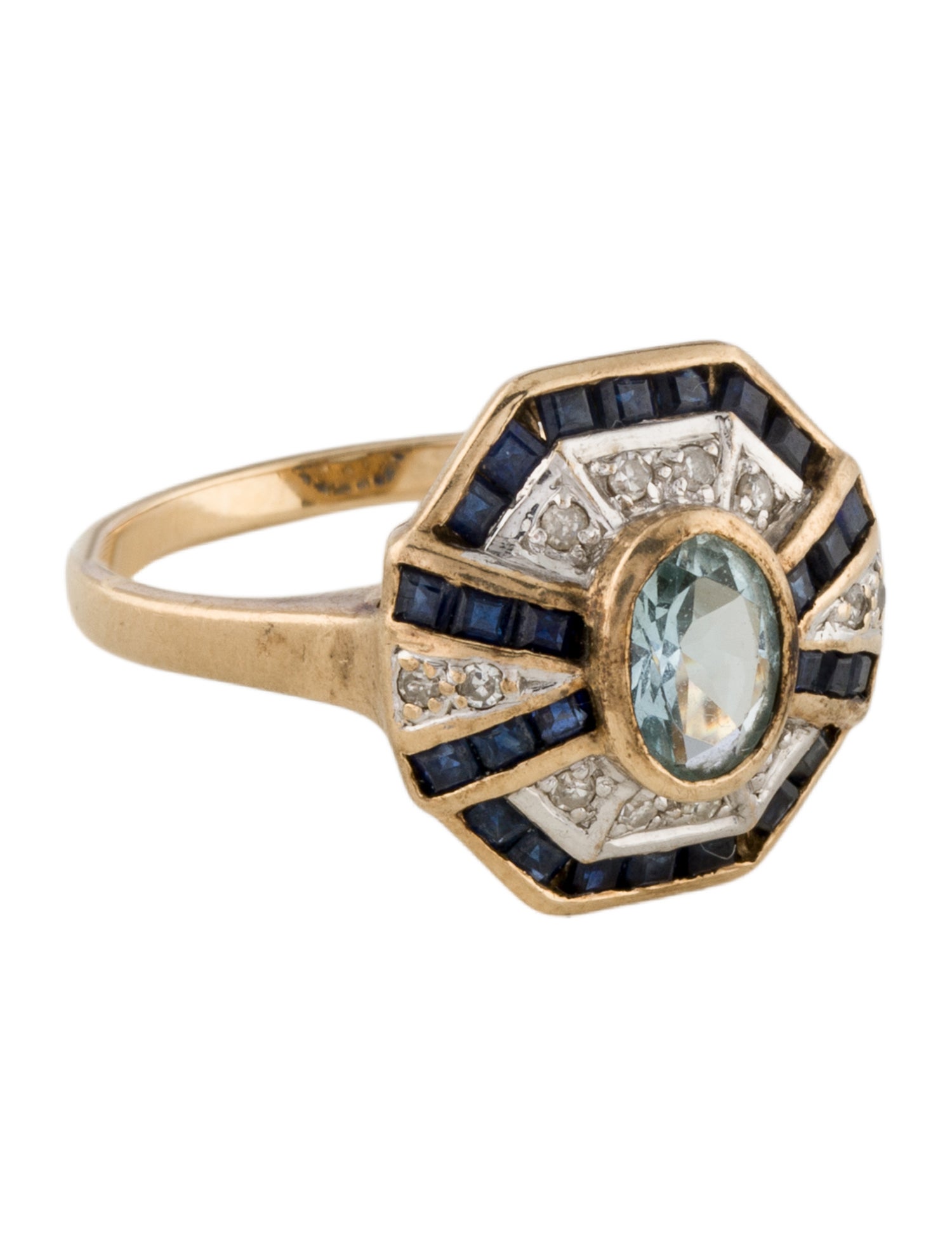 Ring 10K Aquamarine, Sapphire & Diamond Cocktail Ring