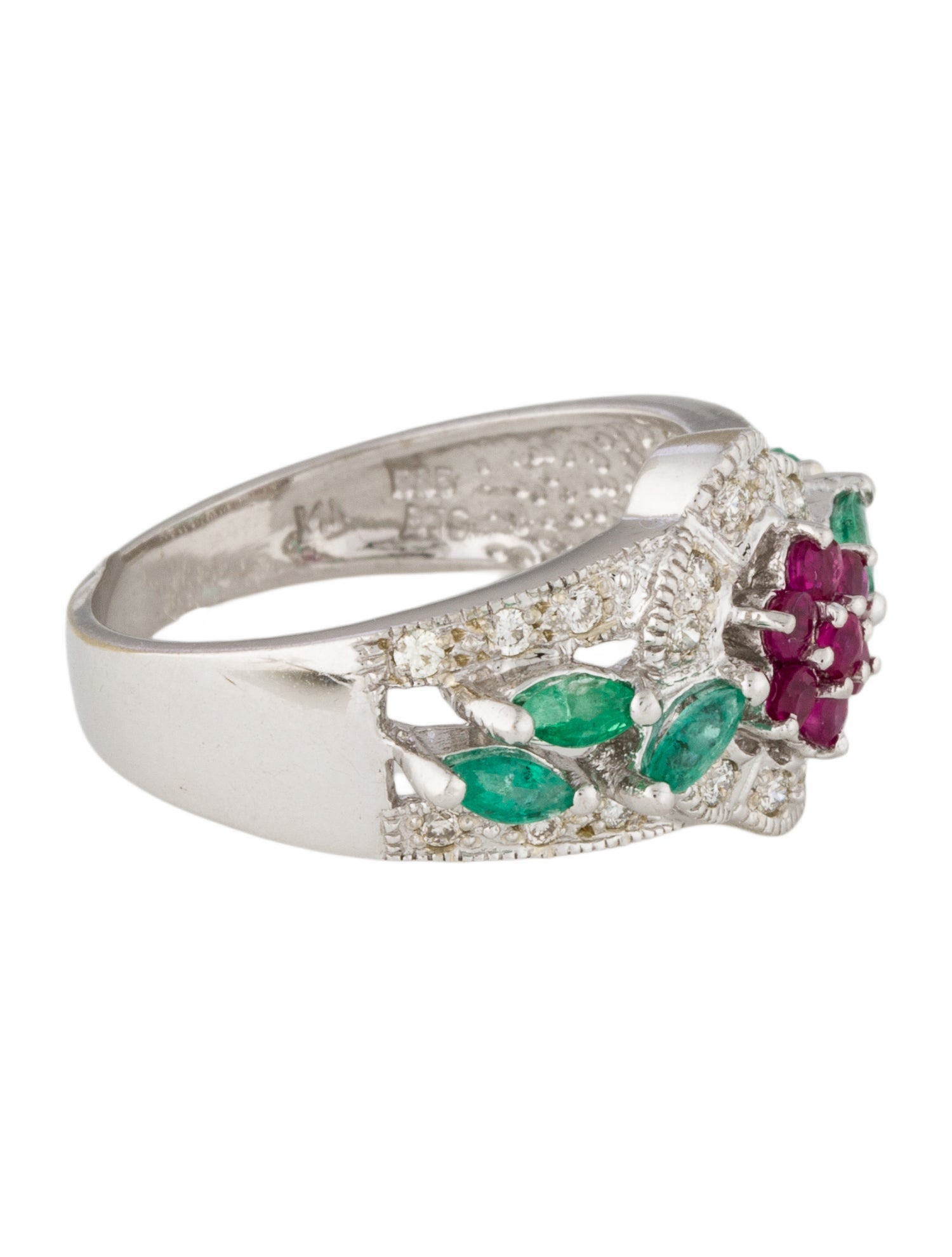 Ring 14K Ruby, Emerald & Diamond Flower Cocktail