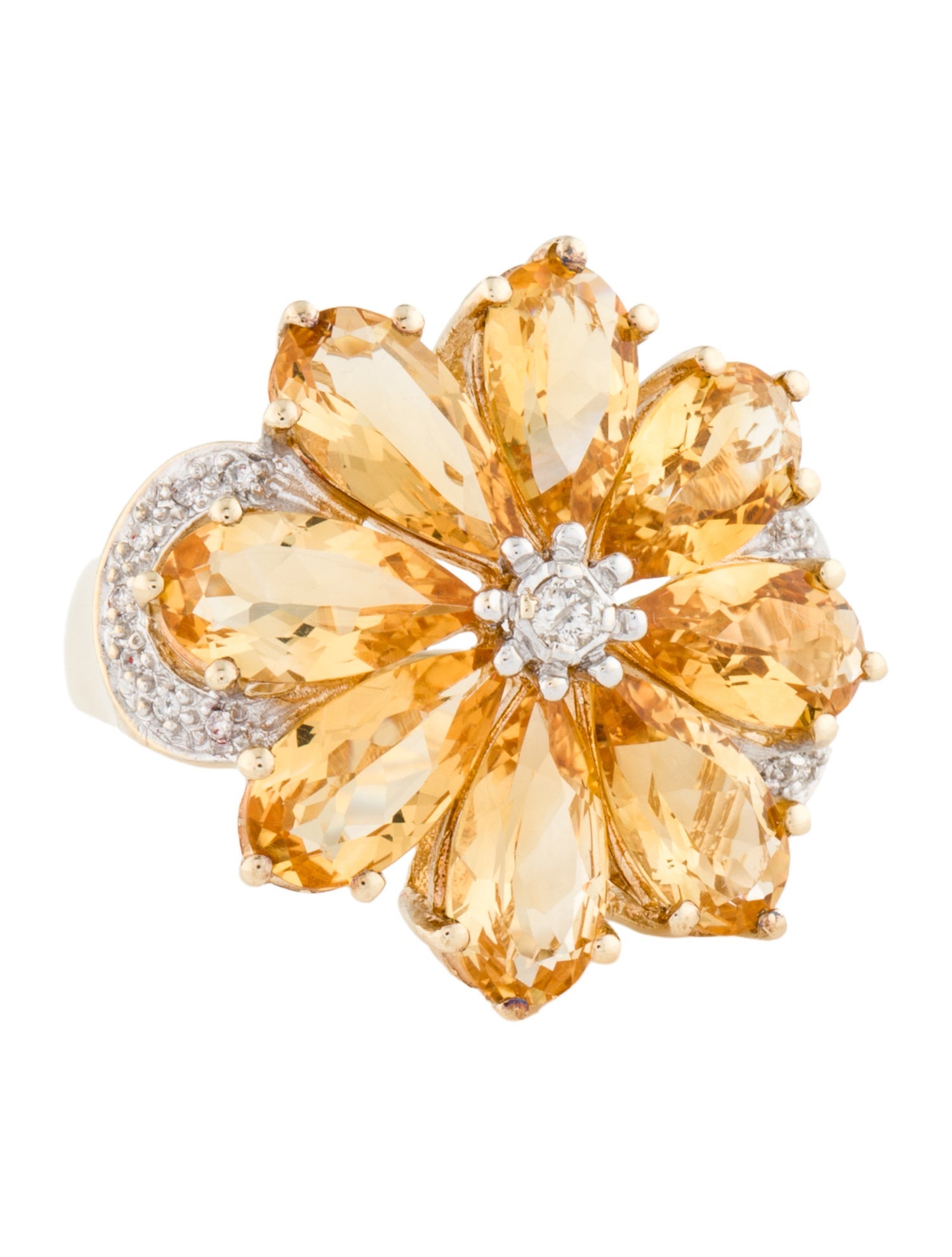 Ring 14K Citrine & Diamond Flower Cocktail Ring