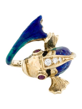 Ring 12K Ruby & Diamond Enameled Fish Cocktail Ring