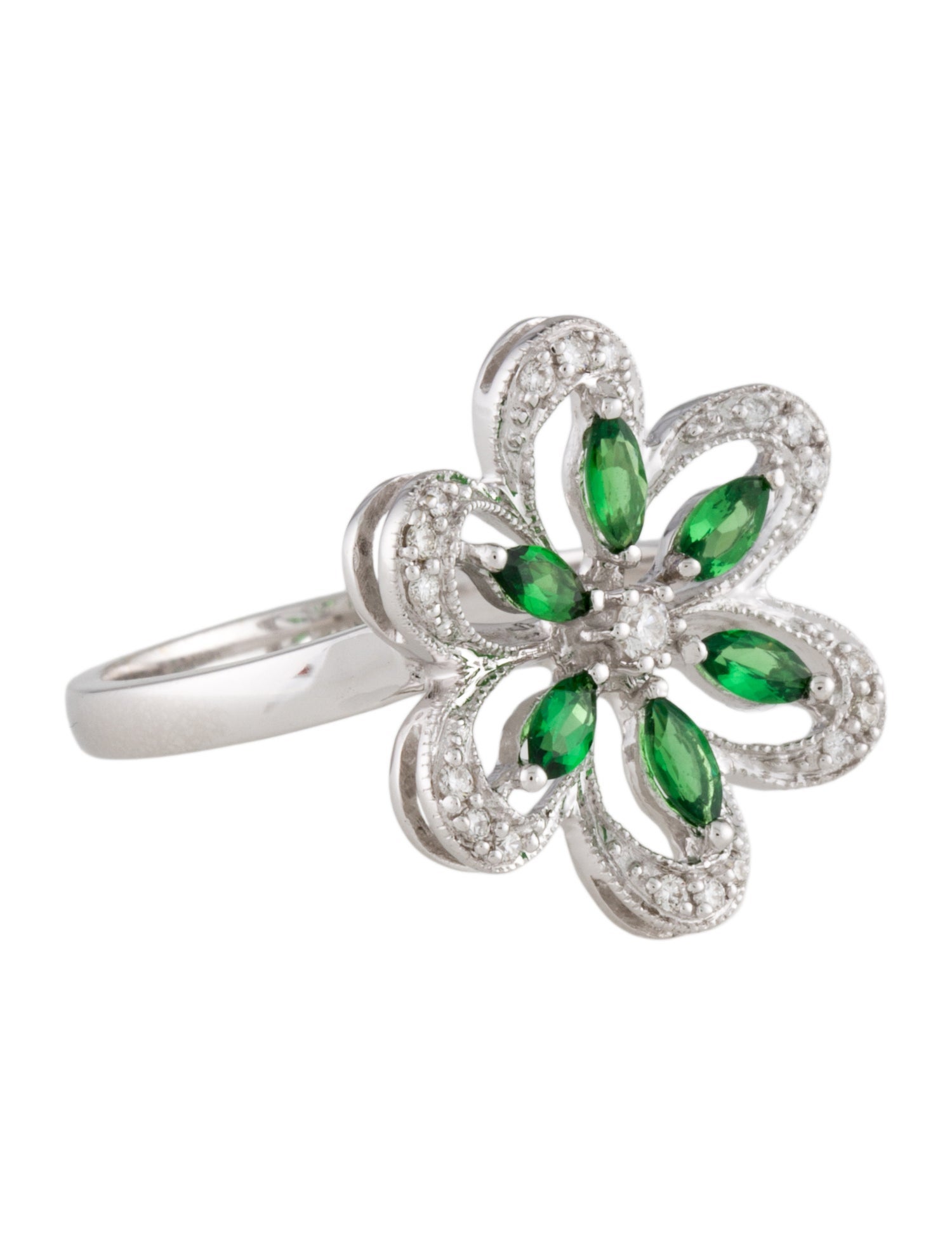 Ring 14K Tsavorite Garnet & Diamond Flower Cocktail