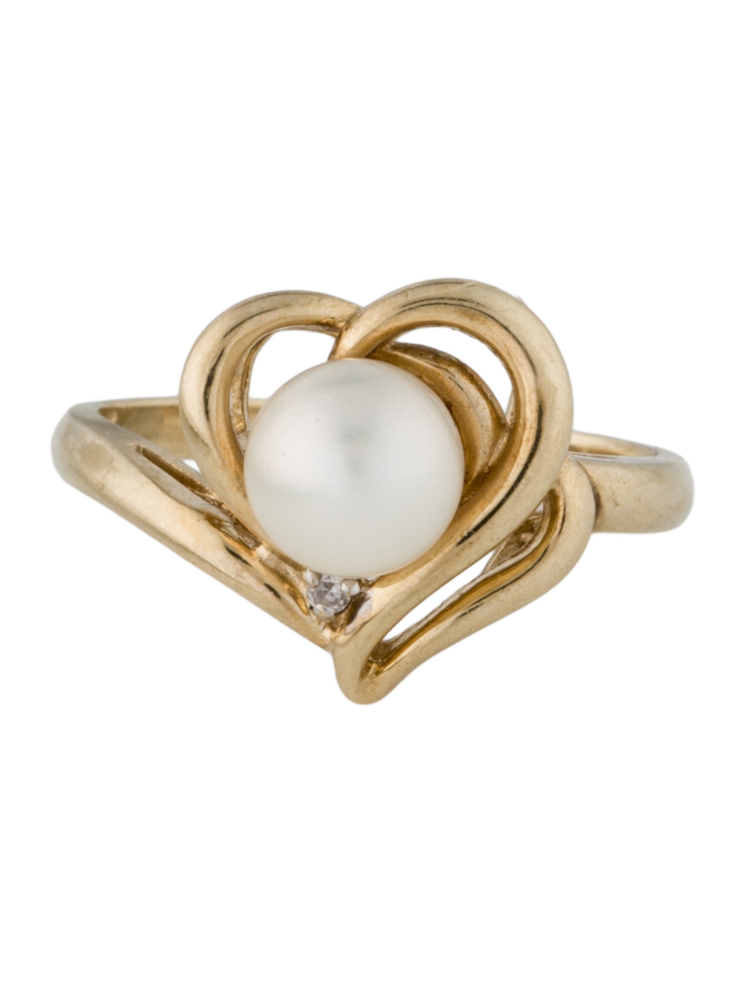 Ring 10K Pearl & Diamond Heart Cocktail Ring
