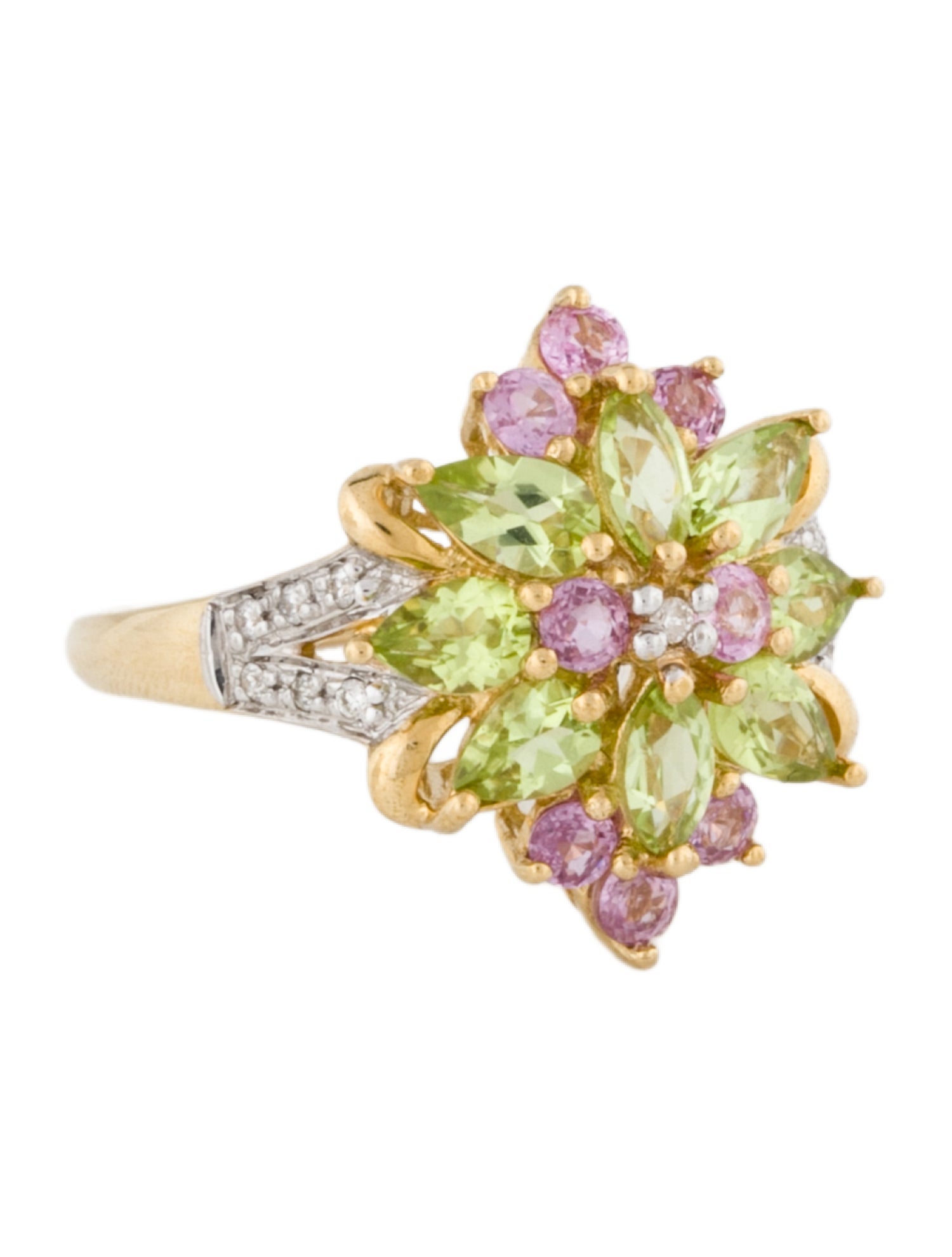 Ring 14K Peridot, Pink Sapphire & Diamond Ring
