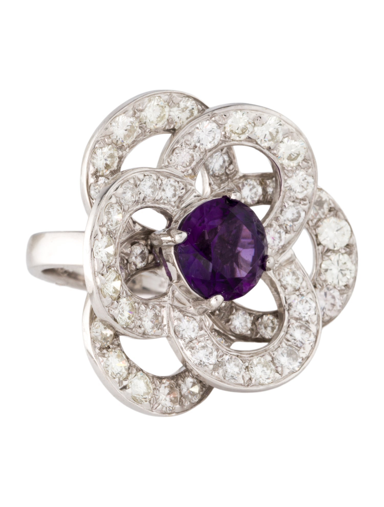 Ring 14K Amethyst & Diamond Flower Cocktail Ring