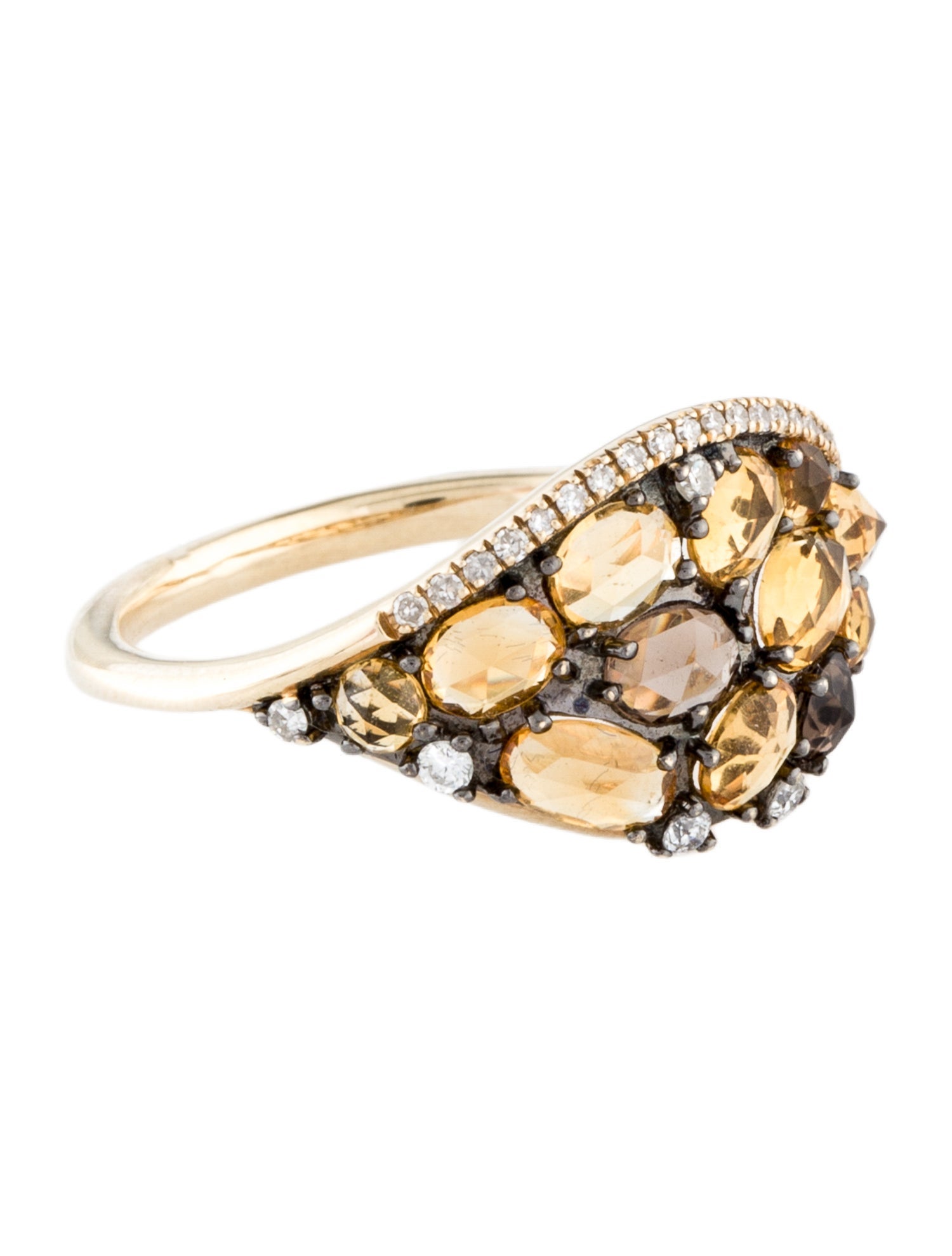 Ring 14K Citrine, Smoky Quartz & Diamond Cocktail Ring