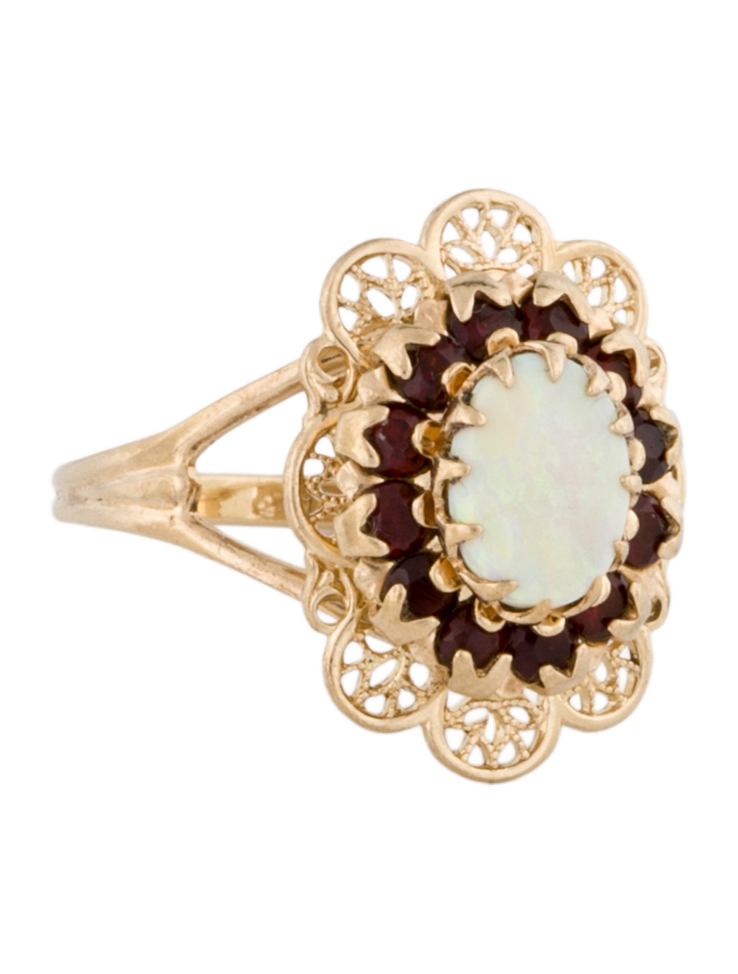 Ring 10K Opal & Garnet Filigree Cocktail