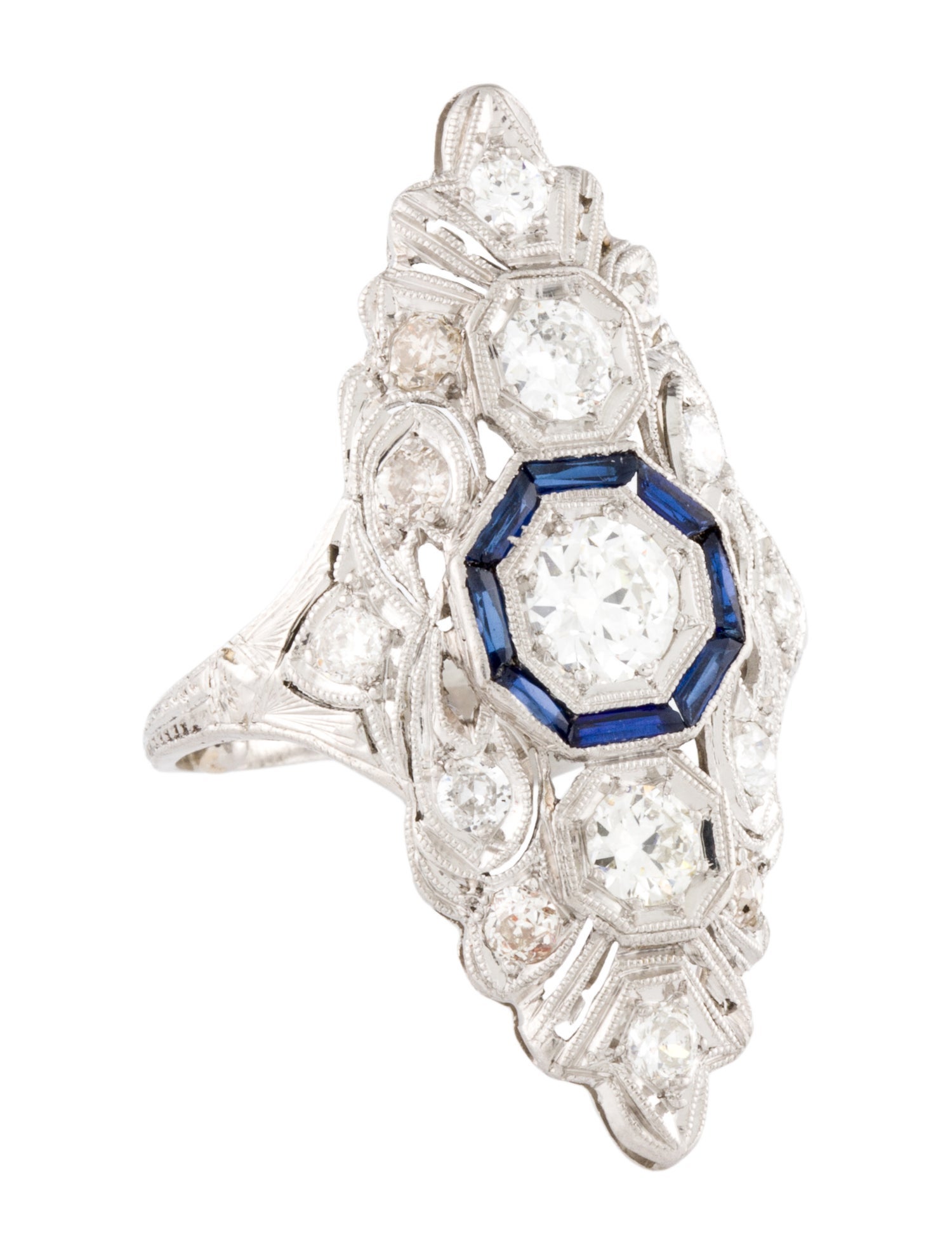 Ring Art Deco Platinum Synthetic Sapphire & Diamond Cocktail