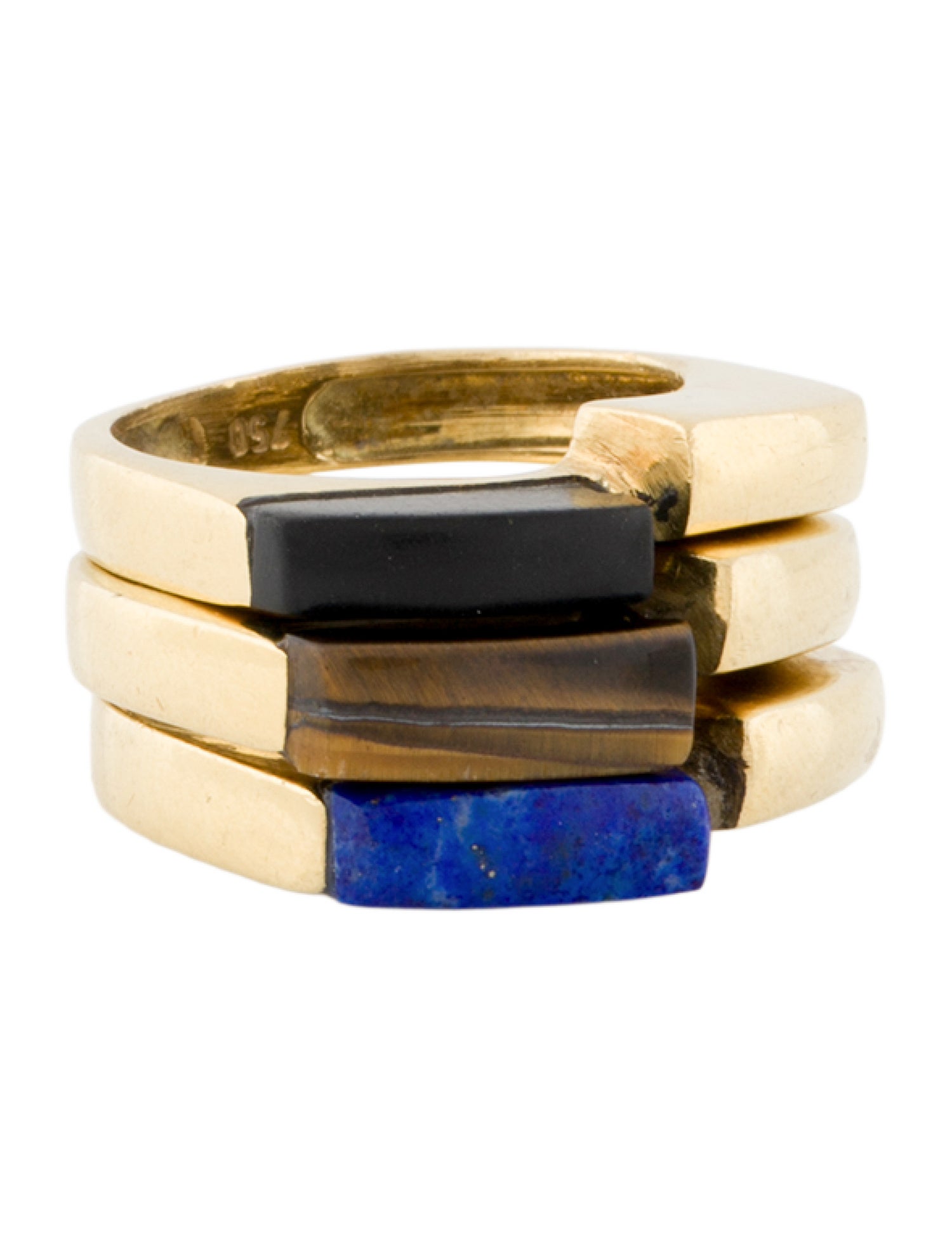 Ring Vintage 18K Lapis Lazuli, Onyx & Tiger's Eye Quartz Stacking Set