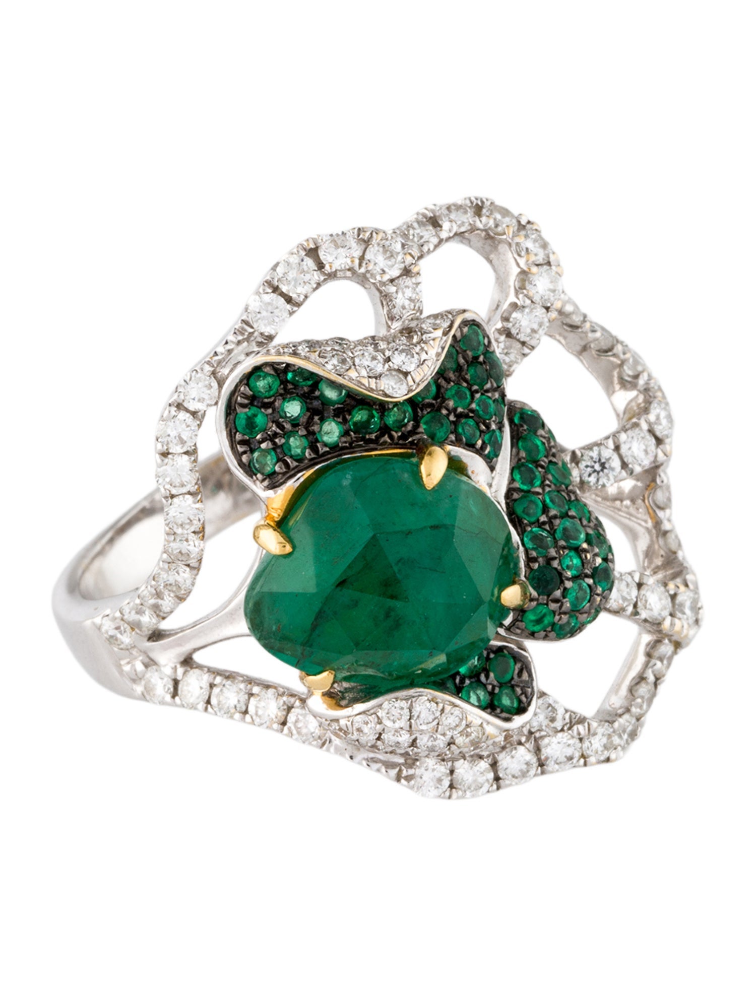 Ring Yael Designs 18K 1.11ctw Diamond & Emerald Floral Cocktail