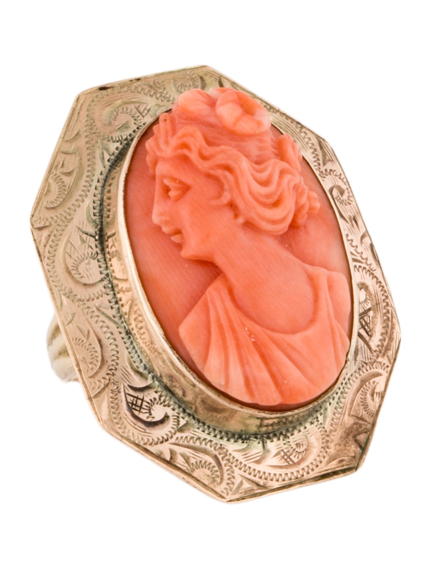 Ring 10K Vintage Coral Cameo Cocktail