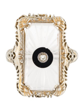 Ring 14K Quartz, Onyx & Diamond Cocktail Ring