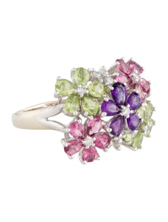 Ring 14K Multistone & Diamond Flower Cocktail Ring