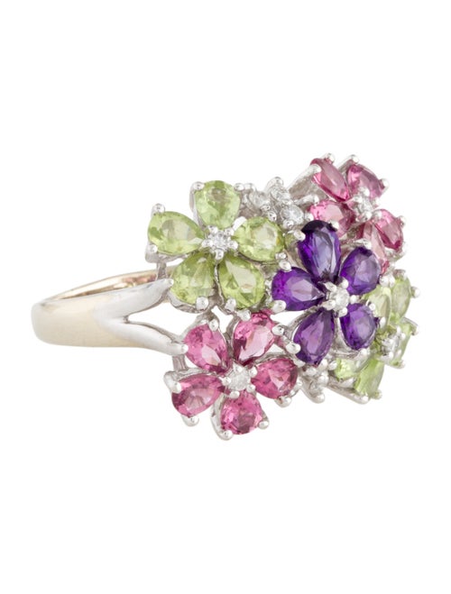 Ring 14K Multistone & Diamond Flower Cocktail Ring