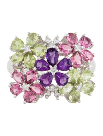 Ring 14K Multistone & Diamond Flower Cocktail Ring