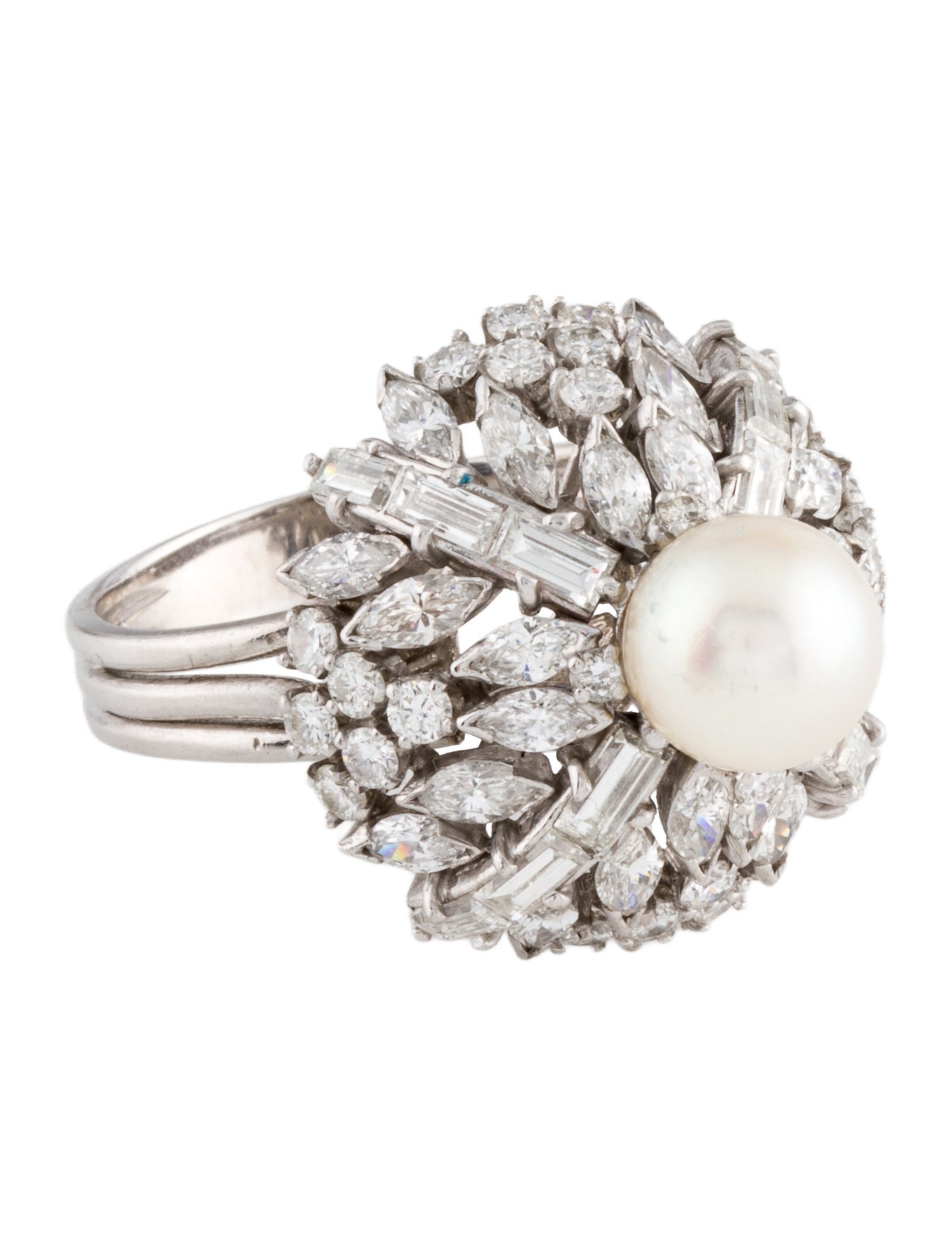 Ring Vintage 14K Pearl & Diamond Cocktail