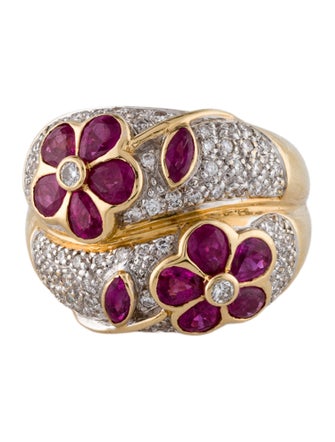 Ring 18K 2.75ct Ruby & Diamond Double Floral Dome Ring