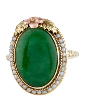 Ring 14K Pearl & Jadeite Cocktail Ring