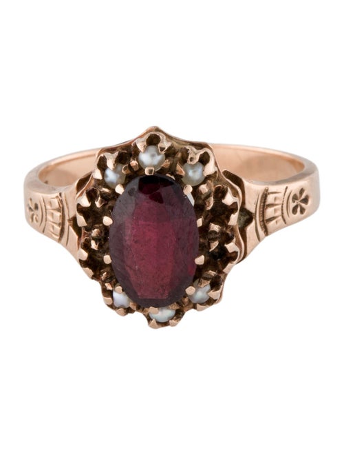Ring Antique 10K 1.30ct Garnet & Pearl Cocktail Ring