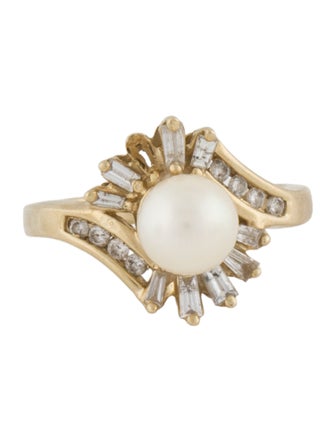 Ring 14K Cultured Pearl & Diamond Cluster Cocktail Ring