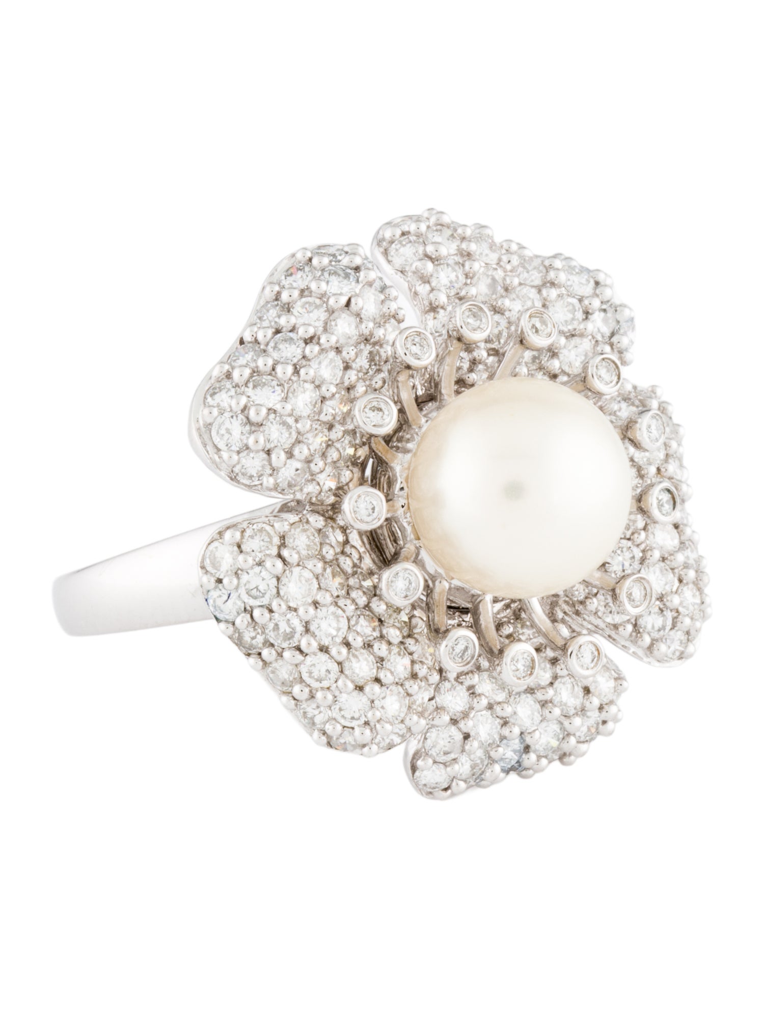 Ring 14K Pearl & Diamond Flower Cocktail