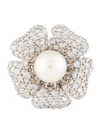 Ring 14K Pearl & Diamond Flower Cocktail Ring