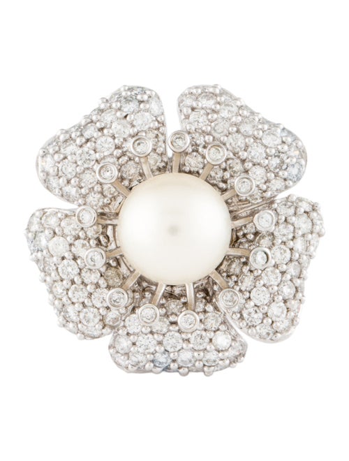 Ring 14K Pearl & Diamond Flower Cocktail Ring
