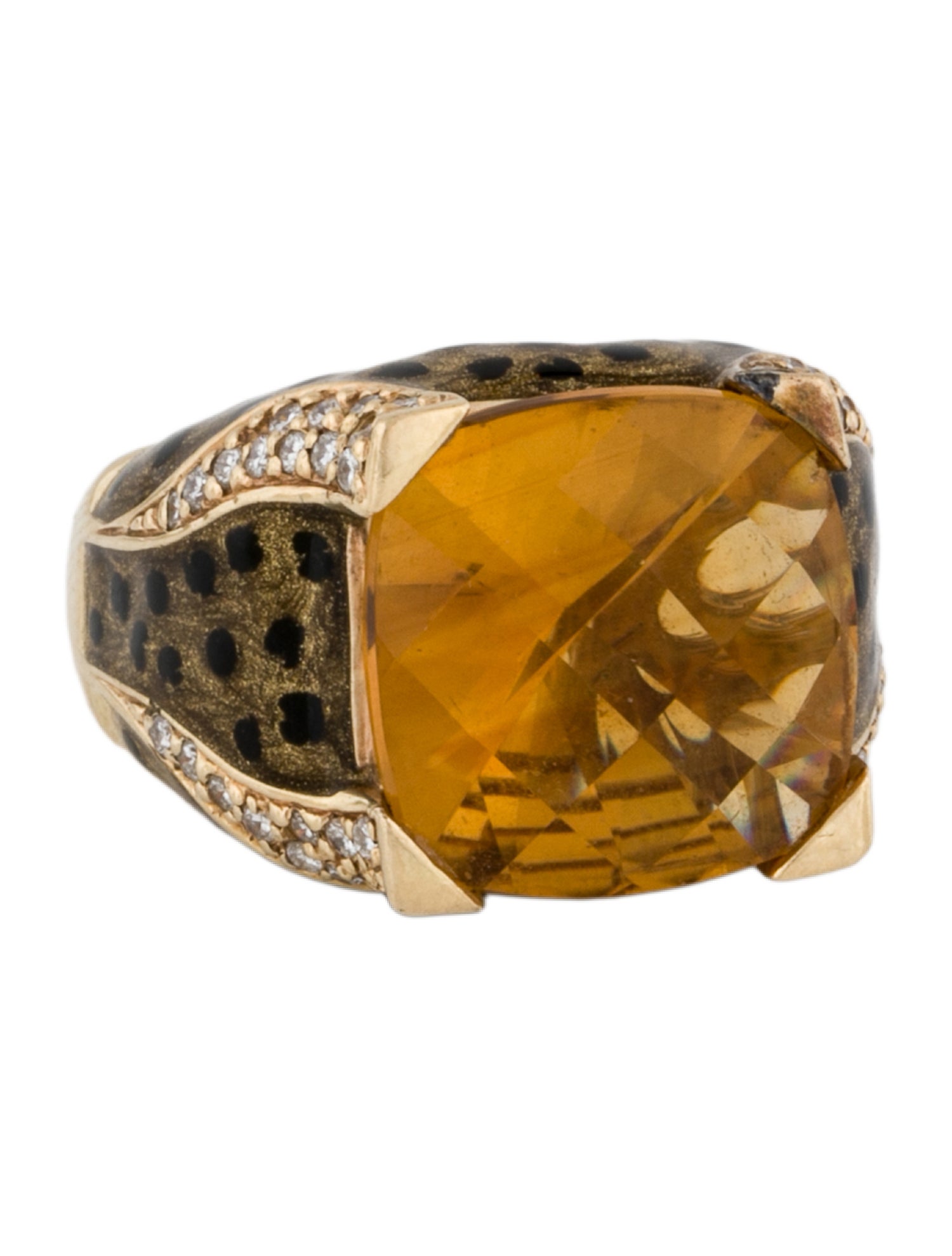 Ring 14K Citrine & Diamond Enamel Cheetah Cocktail