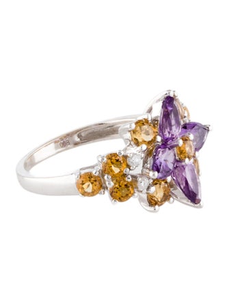 Ring 18K 1.63ct Amethyst, 1.46ct Citrine & Diamond Floral Cocktail Ring