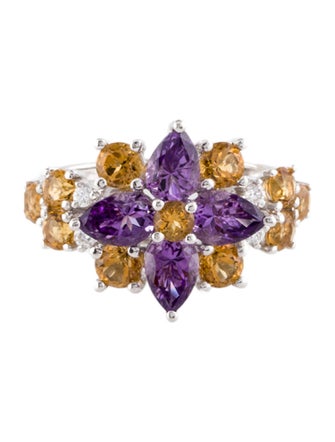 Ring 18K 1.63ct Amethyst, 1.46ct Citrine & Diamond Floral Cocktail Ring