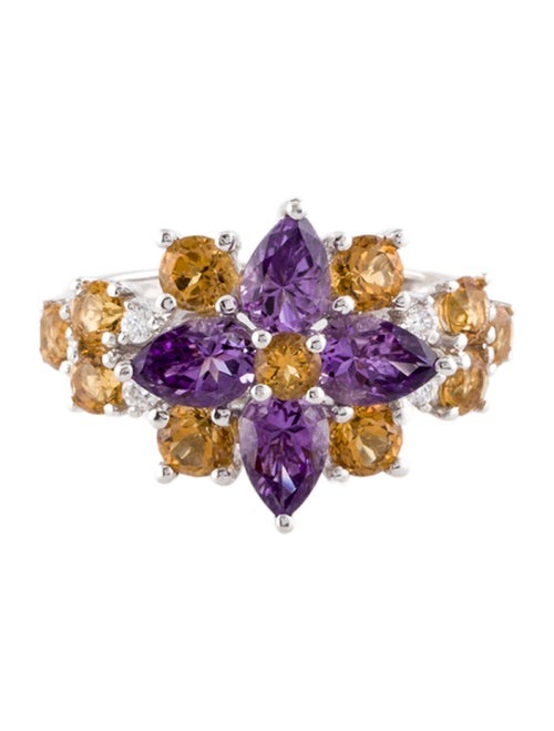Ring 18K 1.63ct Amethyst, 1.46ct Citrine & Diamond Floral Cocktail Ring