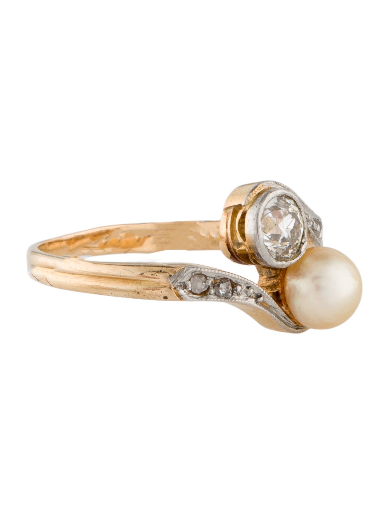 Ring Antique 18K Pearl & Diamond Bypass Ring