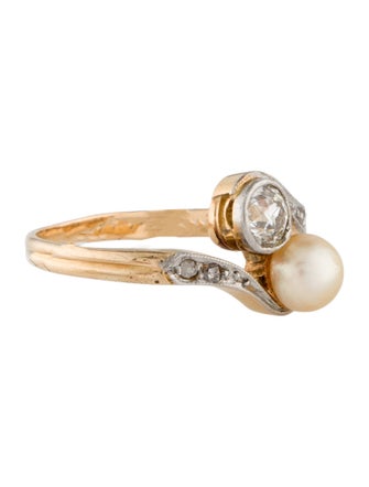 Ring Antique 18K Pearl & Diamond Bypass Ring