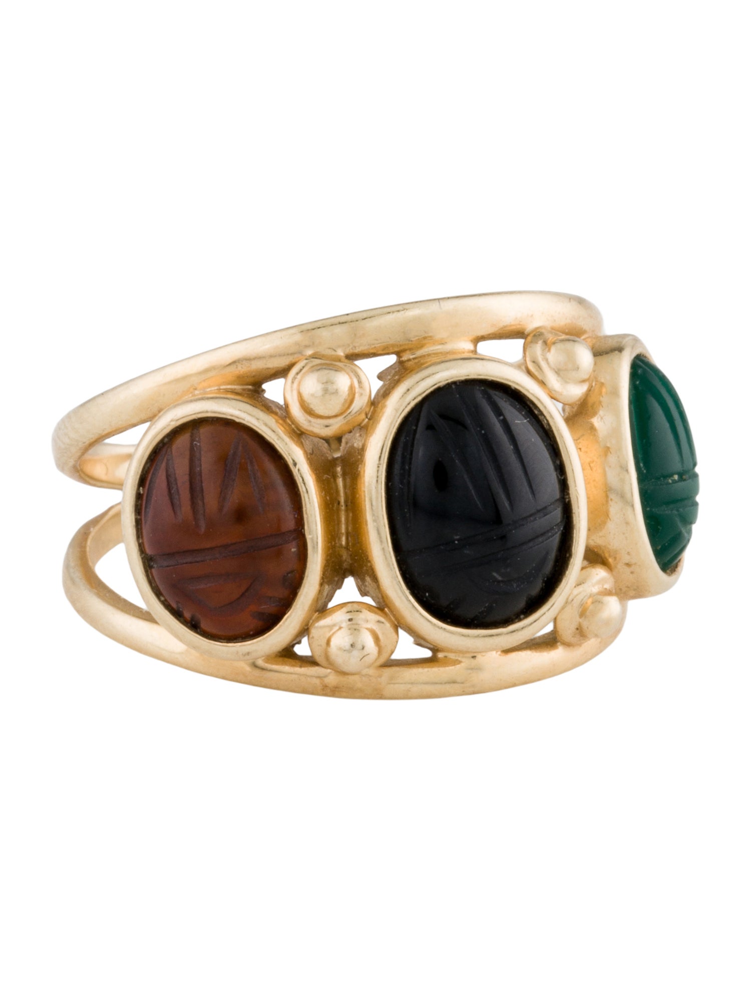 Ring 14K Onyx, Carnelian & Dyed Chalcedony Scarab Cocktail