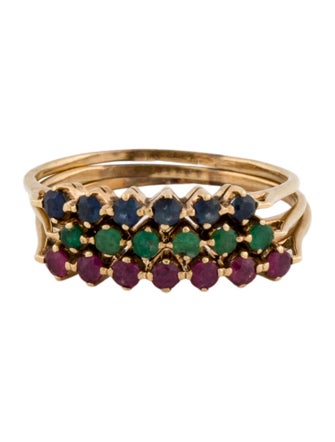 Ring 14K Emerald, Ruby & Sapphire Stacking Ring Set