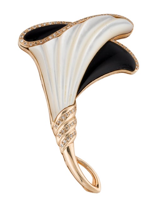 Brooch 14K Mother Of Pearl, Onyx & Diamond Brooch