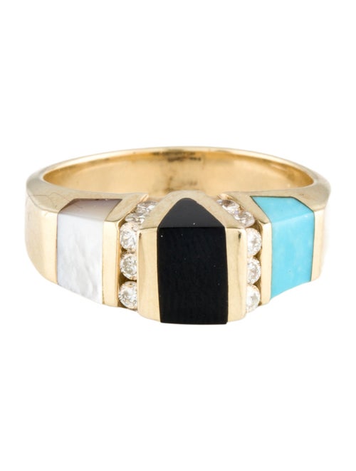 Ring 14K Mother of Pearl, Turquoise, Onyx & Diamond Cocktail Ring