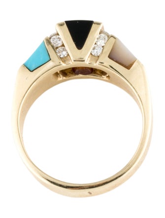 Ring 14K Mother of Pearl, Turquoise, Onyx & Diamond Cocktail Ring