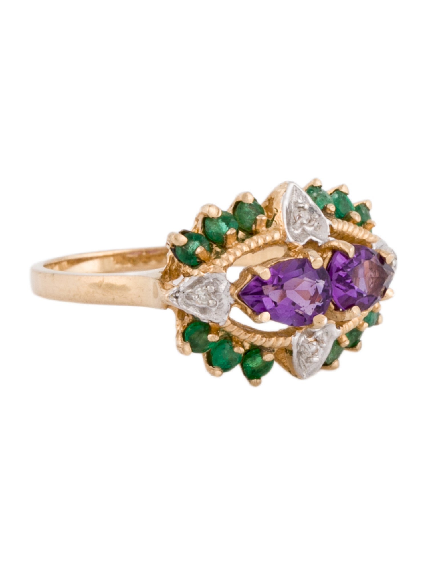 Ring 14K Amethyst, Emerald & Diamond Cocktail