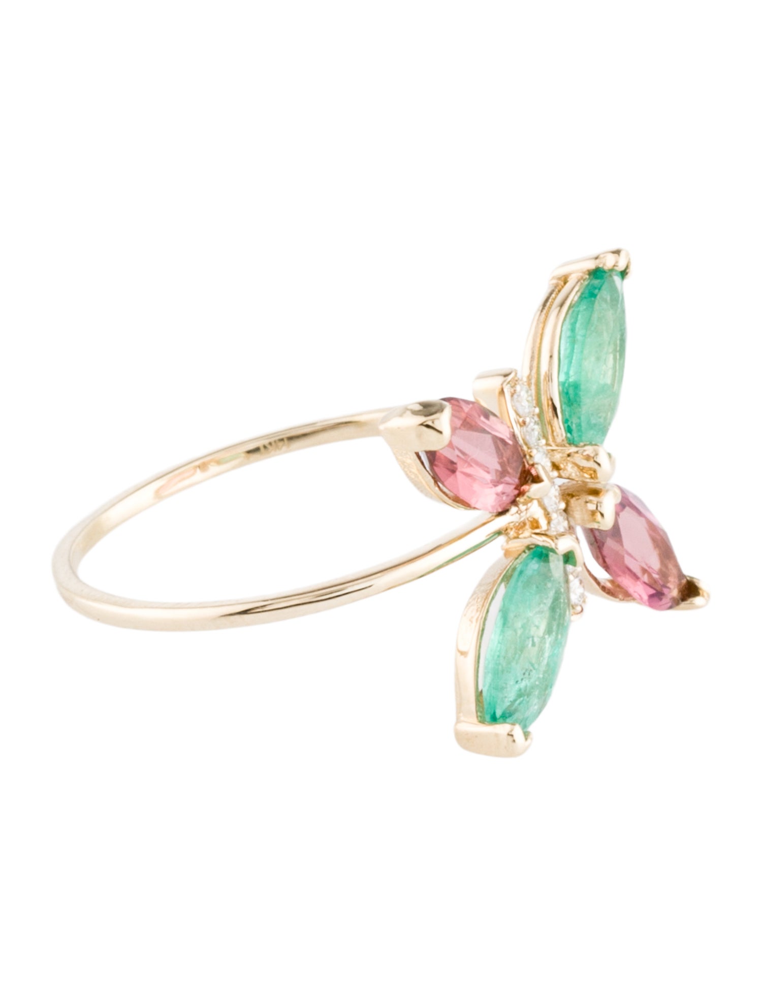 Ring 14K Emerald, Tourmaline & Diamond Butterfly Cocktail Ring