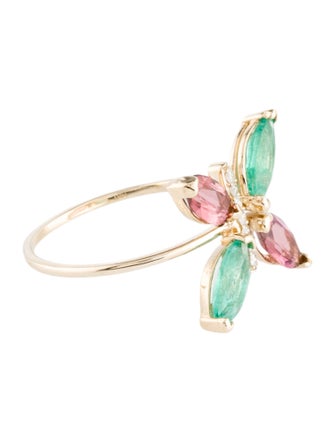 Ring 14K Emerald, Tourmaline & Diamond Butterfly Cocktail Ring
