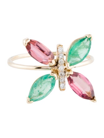 Ring 14K Emerald, Tourmaline & Diamond Butterfly Cocktail Ring