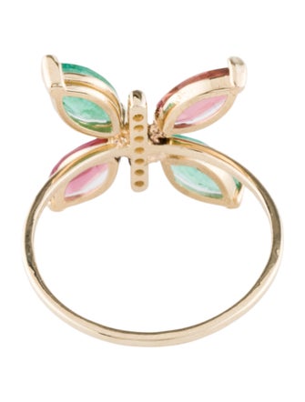 Ring 14K Emerald, Tourmaline & Diamond Butterfly Cocktail Ring