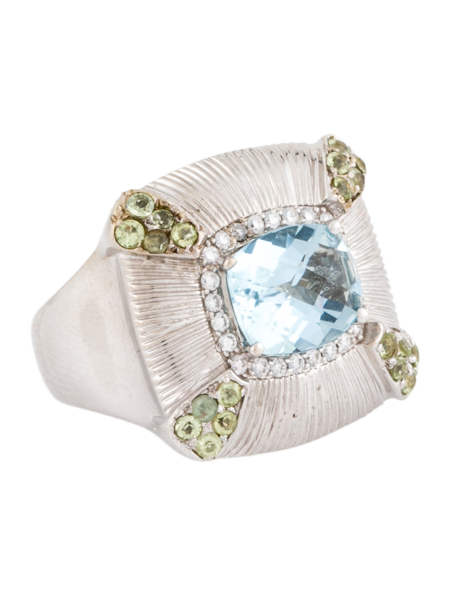 Ring 18K Aquamarine, Diamond & Peridot Accented Cocktail
