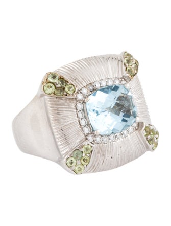 Ring 18K Aquamarine, Diamond & Peridot Accented Cocktail Ring