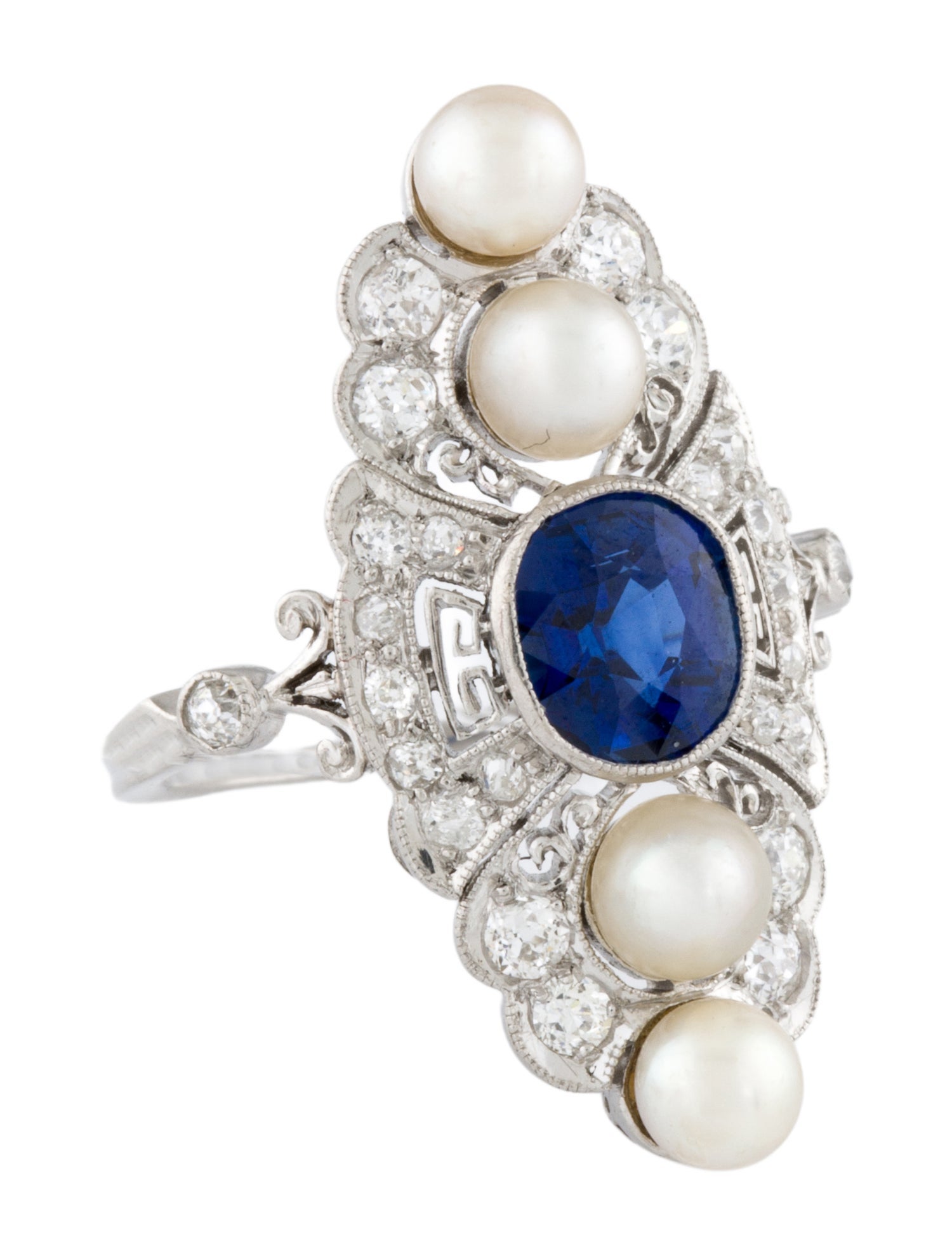 Ring Art Deco Platinum Pearl, Sapphire & Diamond Cocktail