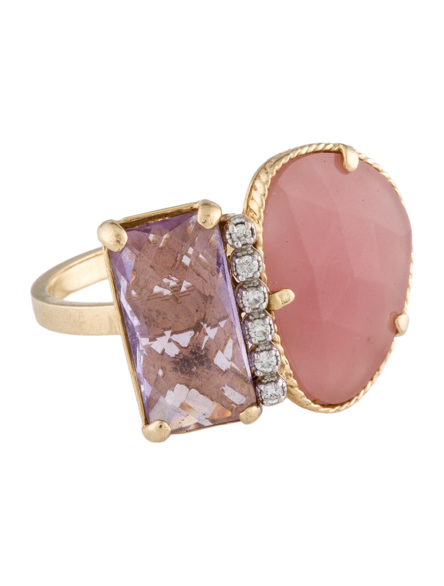 Ring 14K Rose Quartz, Amethyst & Diamond Cocktail
